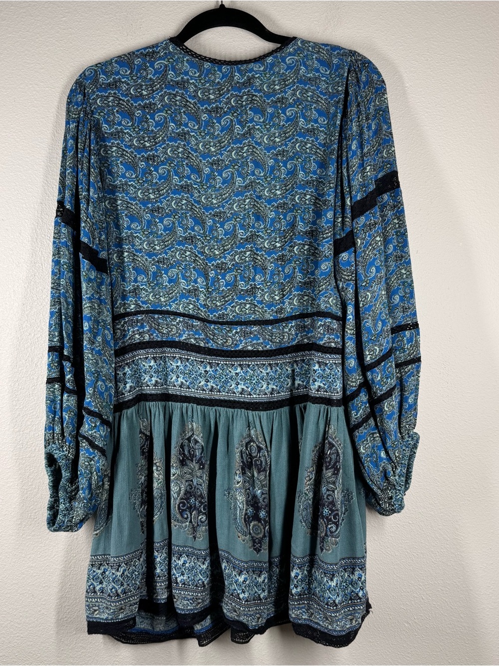 Free People Luna Scarf Print Boho Top V Neck Balloon Sleeve Lace Tunic Blouse XL - Picture 6 of 9